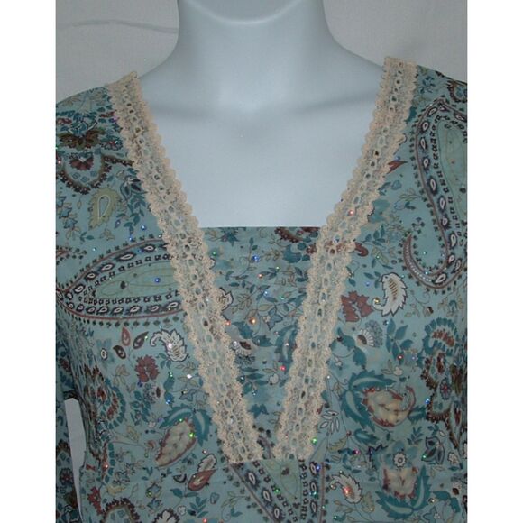 DRESSBARN Sparkly Blue Paisley Plus Sz 14/16 Casual or Dress Babydoll Boho Shirt - Picture 2 of 5